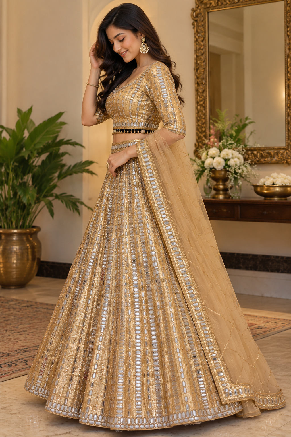 Side profile full-length view of a model in a luxury foyer wearing a heavily embellished golden lehenga with elbow-length sleeve choli.