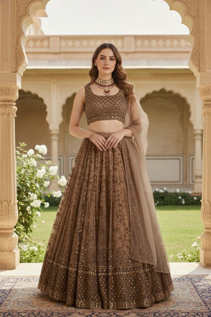 Standing full-length front view of a model wearing a coffee brown flared net lehenga with sequin embroidery, sleeveless blouse, and sheer dupatta drape.