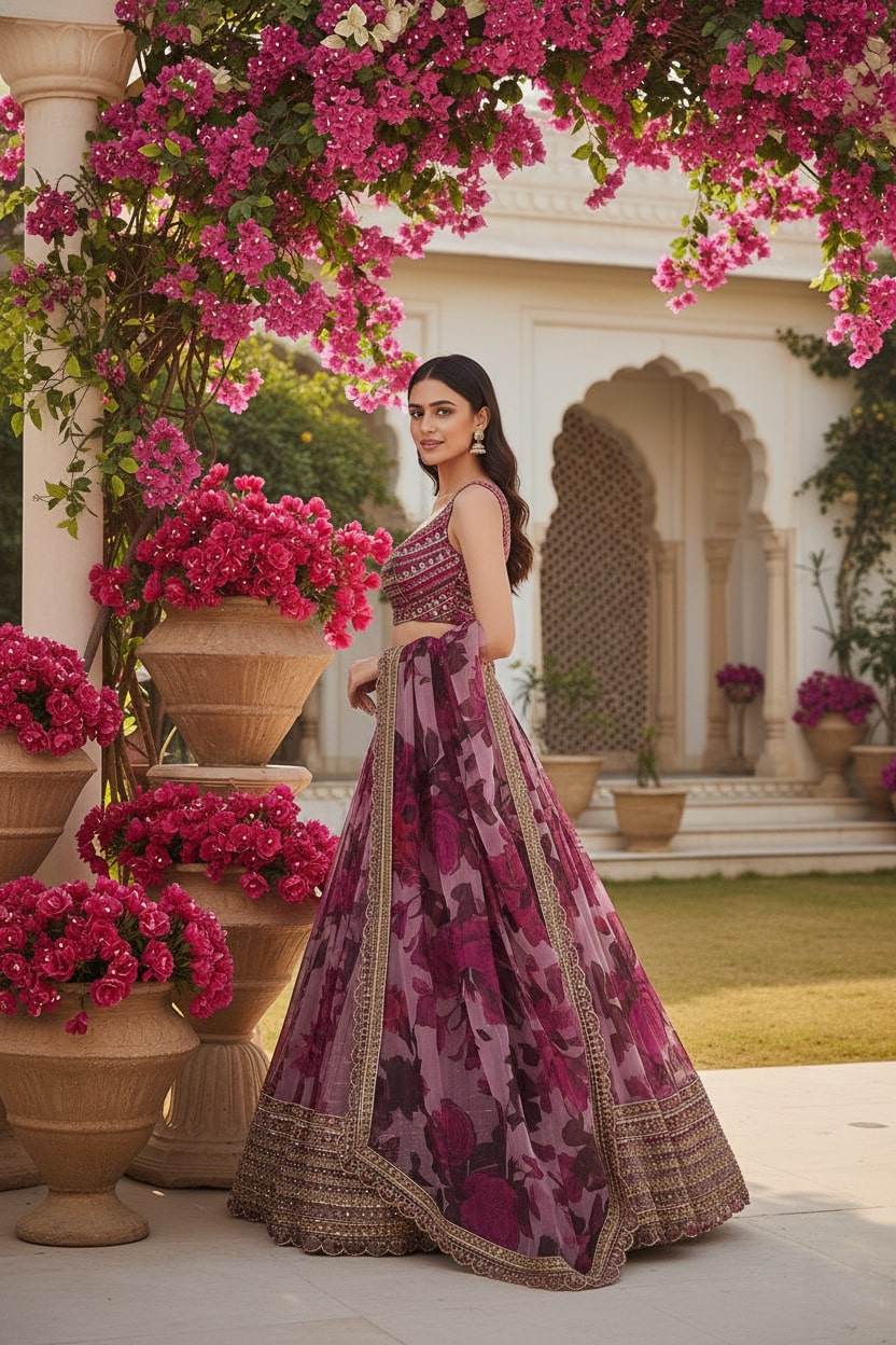Side profile full-length view of a model in a garden courtyard wearing a mauve-purple floral print lehenga with embroidered border.