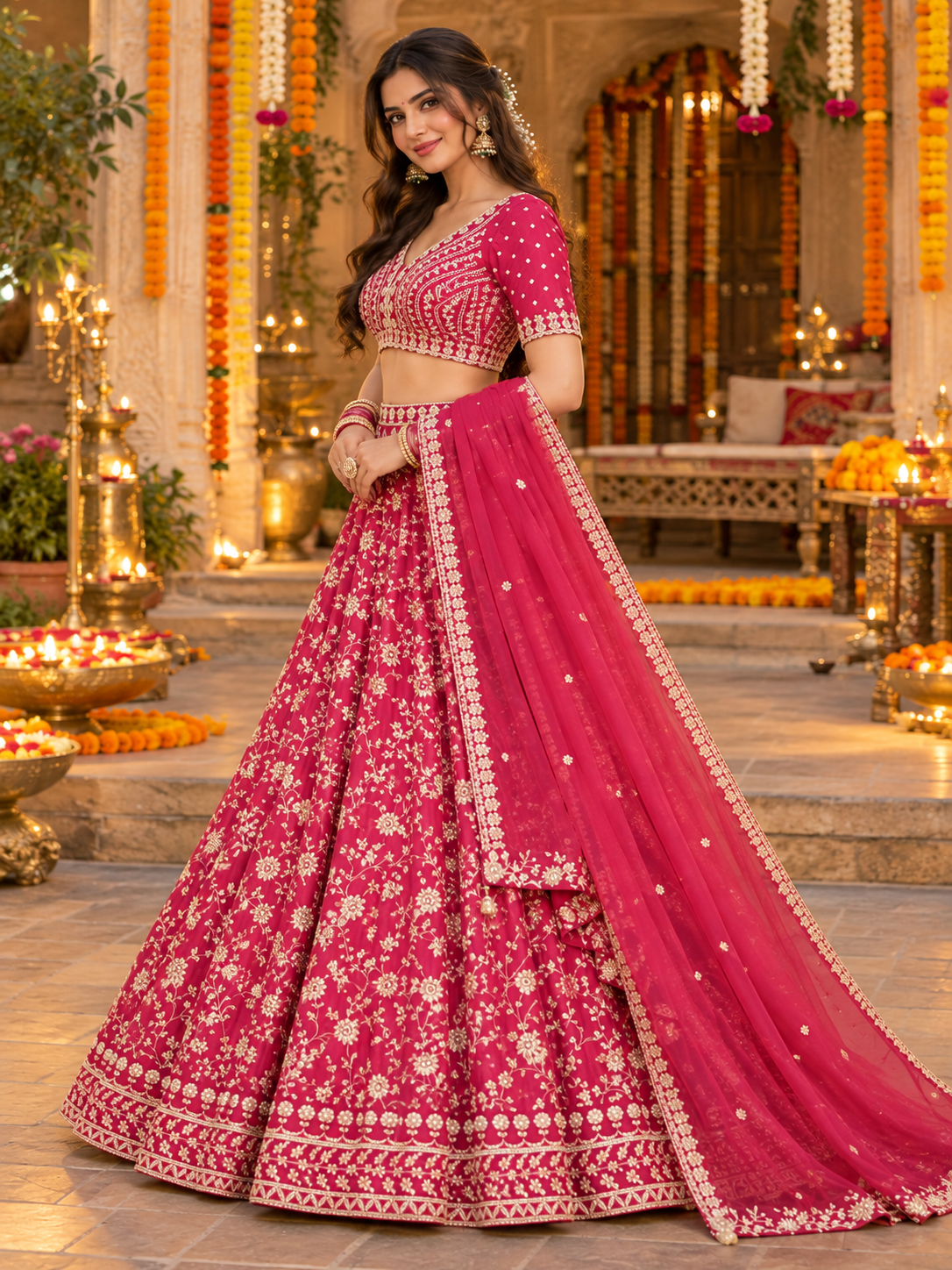 Side-angle full-length view of a model in a heavily embroidered rani pink lehenga choli with matching scalloped net dupatta drape
