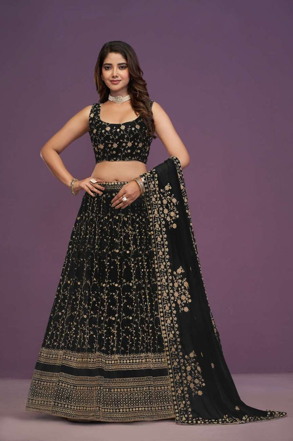 Black Faux Georgette Zari Sequin Embroidered Lehenga Choli Set