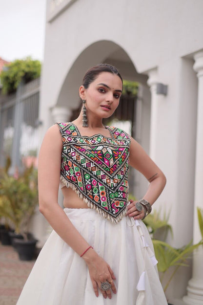 White Roman Lehenga Choli with Coconut Gota Work & Kutchi Gamthi Embroidered Blouse
