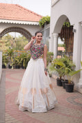 White Roman Lehenga Choli with Coconut Gota Work & Kutchi Gamthi Embroidered Blouse