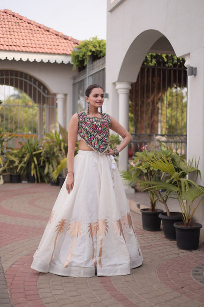 White Roman Lehenga Choli with Coconut Gota Work & Kutchi Gamthi Embroidered Blouse