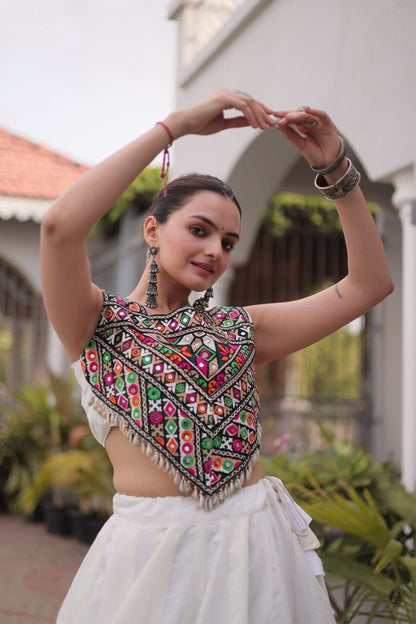 White Roman Lehenga Choli with Coconut Gota Work & Kutchi Gamthi Embroidered Blouse