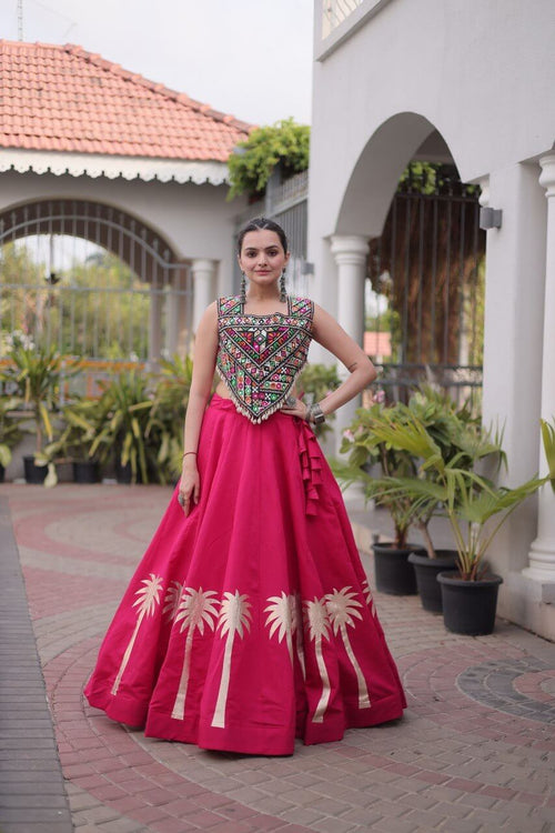 Magenta Pink Kutchi Gamthi Embroidered Lehenga Choli with Coconut Gota Work