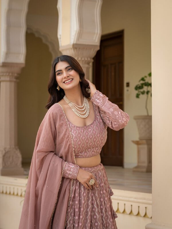Rosy Brown Faux Georgette Embroidered Lehenga Choli Set with Dupatta