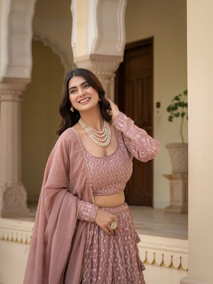 Rosy Brown Faux Georgette Embroidered Lehenga Choli Set with Dupatta