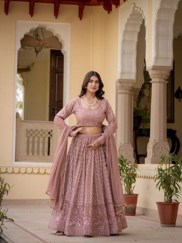 Rosy brown faux georgette lehenga choli set with embroidered blouse and dupatta