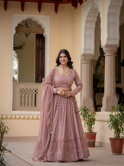 Rosy brown Indian lehenga choli with embroidered blouse and draped faux georgette dupatta