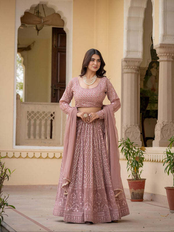 Rosy Brown Faux Georgette Embroidered Lehenga Choli Set with Dupatta