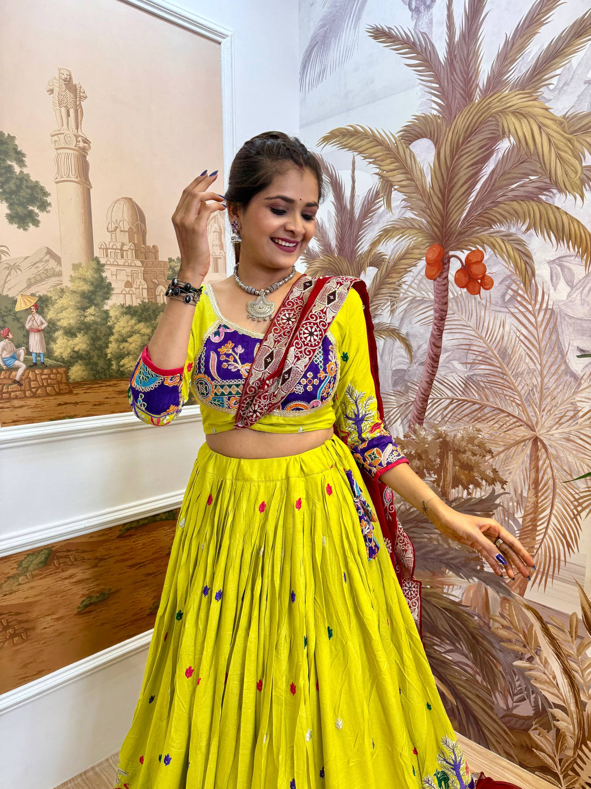 Lime Green & Maroon Heavy Embroidered Rayon Lehenga Choli Set