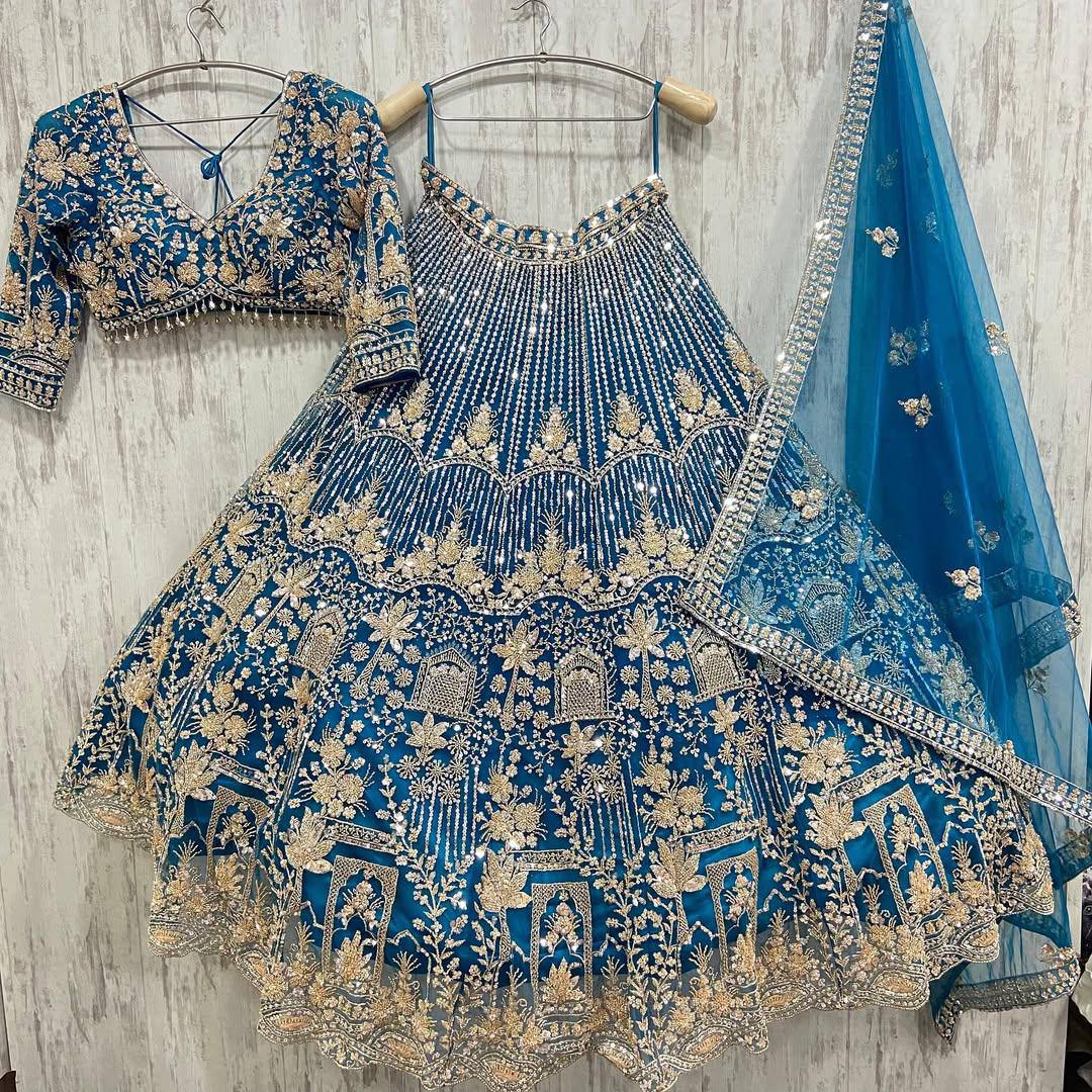 Navy Blue Embroidered Lehenga Choli with Gold Coding Sequins Work, Soft Net Dupatta & 4 Meter Flare