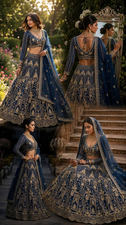 Navy Blue Embroidered Lehenga Choli with Gold Coding Sequins Work, Soft Net Dupatta & 4 Meter Flare