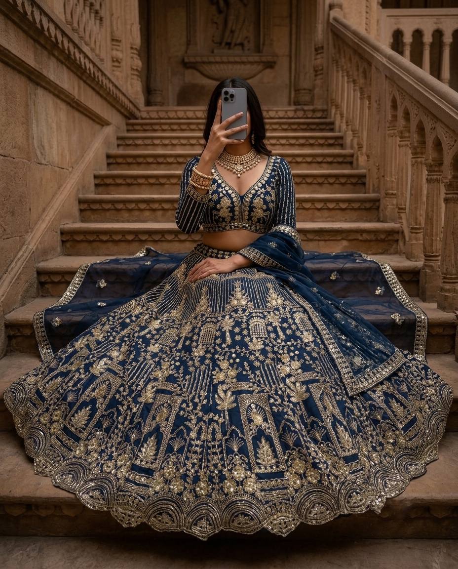 Navy Blue Embroidered Lehenga Choli with Gold Coding Sequins Work, Soft Net Dupatta & 4 Meter Flare