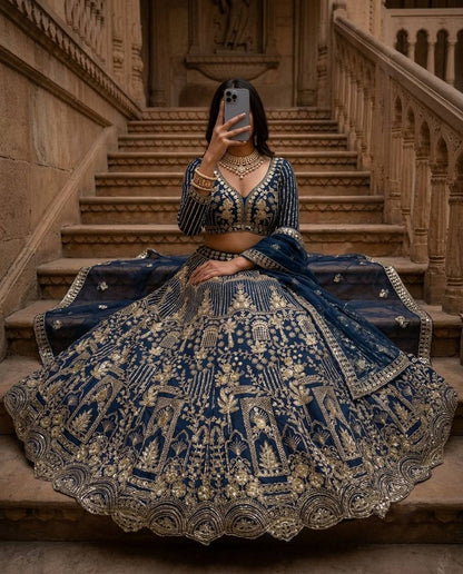 Navy Blue Embroidered Lehenga Choli with Gold Coding Sequins Work, Soft Net Dupatta & 4 Meter Flare