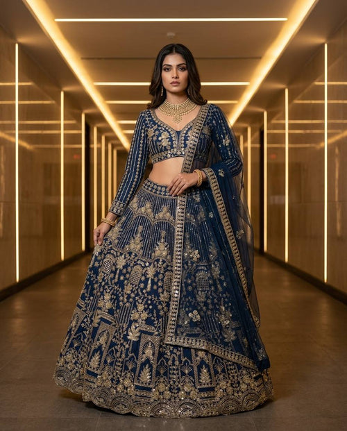 Navy Blue Embroidered Lehenga Choli with Gold Coding Sequins Work, Soft Net Dupatta & 4 Meter Flare