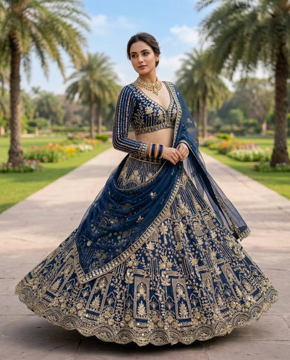 Navy Blue Embroidered Lehenga Choli with Gold Coding Sequins Work, Soft Net Dupatta & 4 Meter Flare