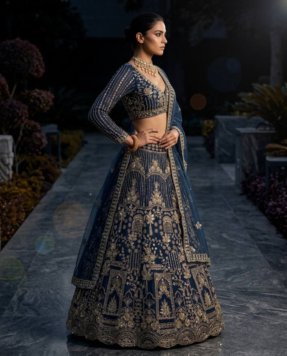 Navy Blue Embroidered Lehenga Choli with Gold Coding Sequins Work, Soft Net Dupatta & 4 Meter Flare