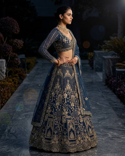 Navy Blue Embroidered Lehenga Choli with Gold Coding Sequins Work, Soft Net Dupatta & 4 Meter Flare