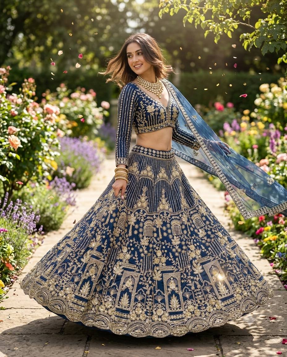 Navy Blue Embroidered Lehenga Choli with Gold Coding Sequins Work, Soft Net Dupatta & 4 Meter Flare
