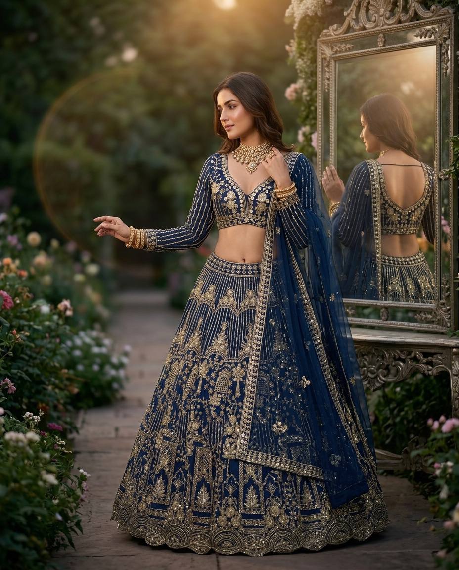 Navy Blue Embroidered Lehenga Choli with Gold Coding Sequins Work, Soft Net Dupatta & 4 Meter Flare