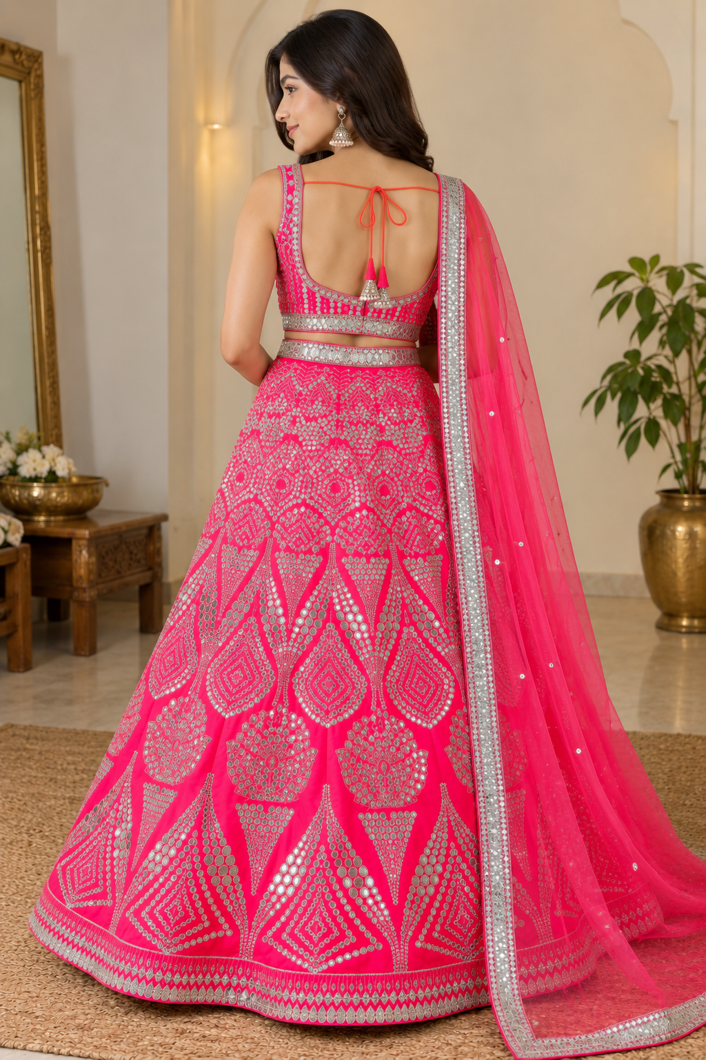 Full-length back view of a model showcasing the deep square-back cutout blouse with tie-up dori tassels and heavily embellished hot-pink lehenga skirt.