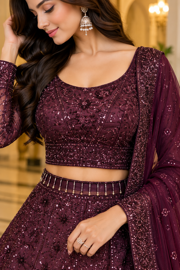 Burgundy Sequins & Dori Work Kasturi Silk Lehenga Choli Outfit