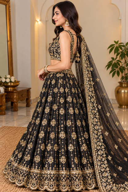 Side profile full-length view showing the flared circular silhouette, gold embroidered buttis, and sheer draped net dupatta of a black bridal lehenga set.