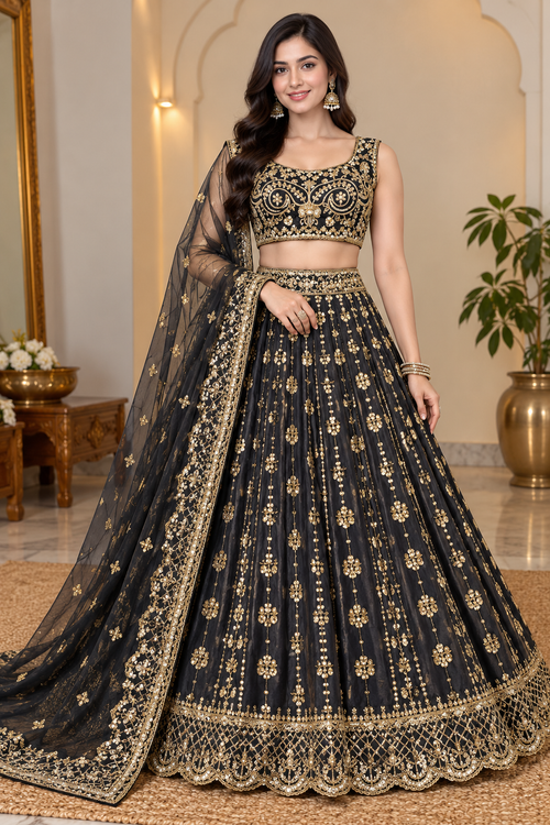 Black Gold Embroidered Crape Silk Lehenga Choli Set for Weddings