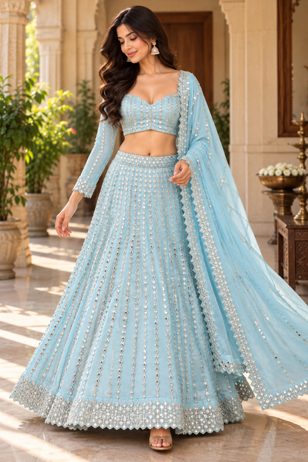 Standing full-length shot showcasing the wide flare and dense vertical mirror-work panels of a powder blue lehenga skirt in a heritage courtyard.