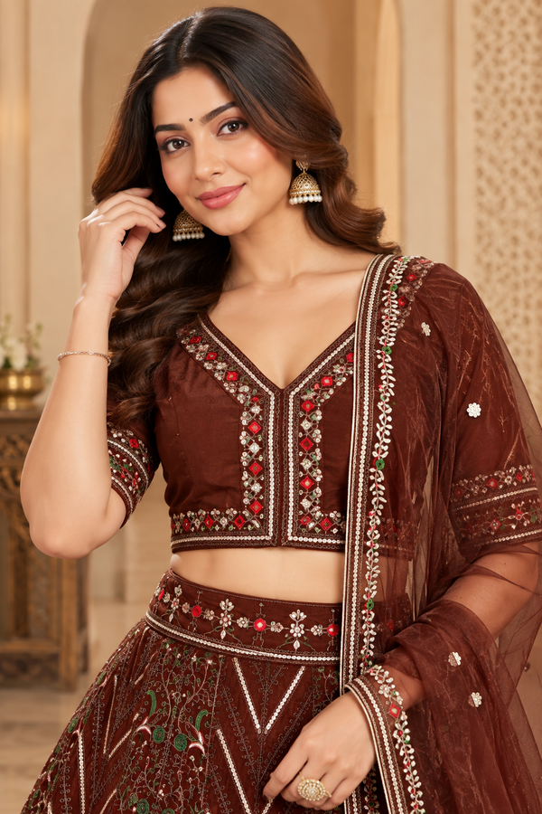 Brown Thai Silk Embroidered Lehenga Choli with Organza Dupatta