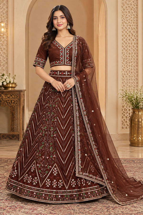 Brown Thai Silk Embroidered Lehenga Choli with Organza Dupatta