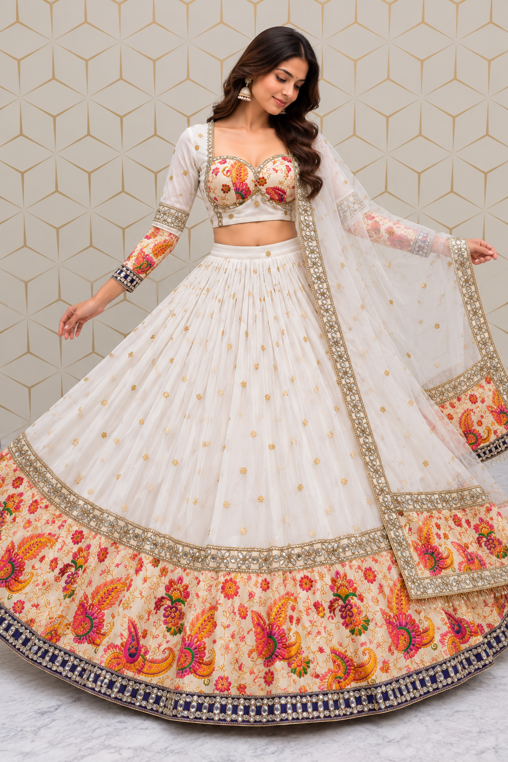 Full-length shot of a model showcasing the wide circular flare and deep navy-accented hemline of an ivory printed lehenga set in a geometric studio setting.