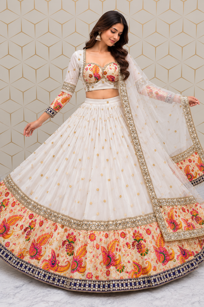 Full-length shot of a model showcasing the wide circular flare and deep navy-accented hemline of an ivory printed lehenga set in a geometric studio setting.