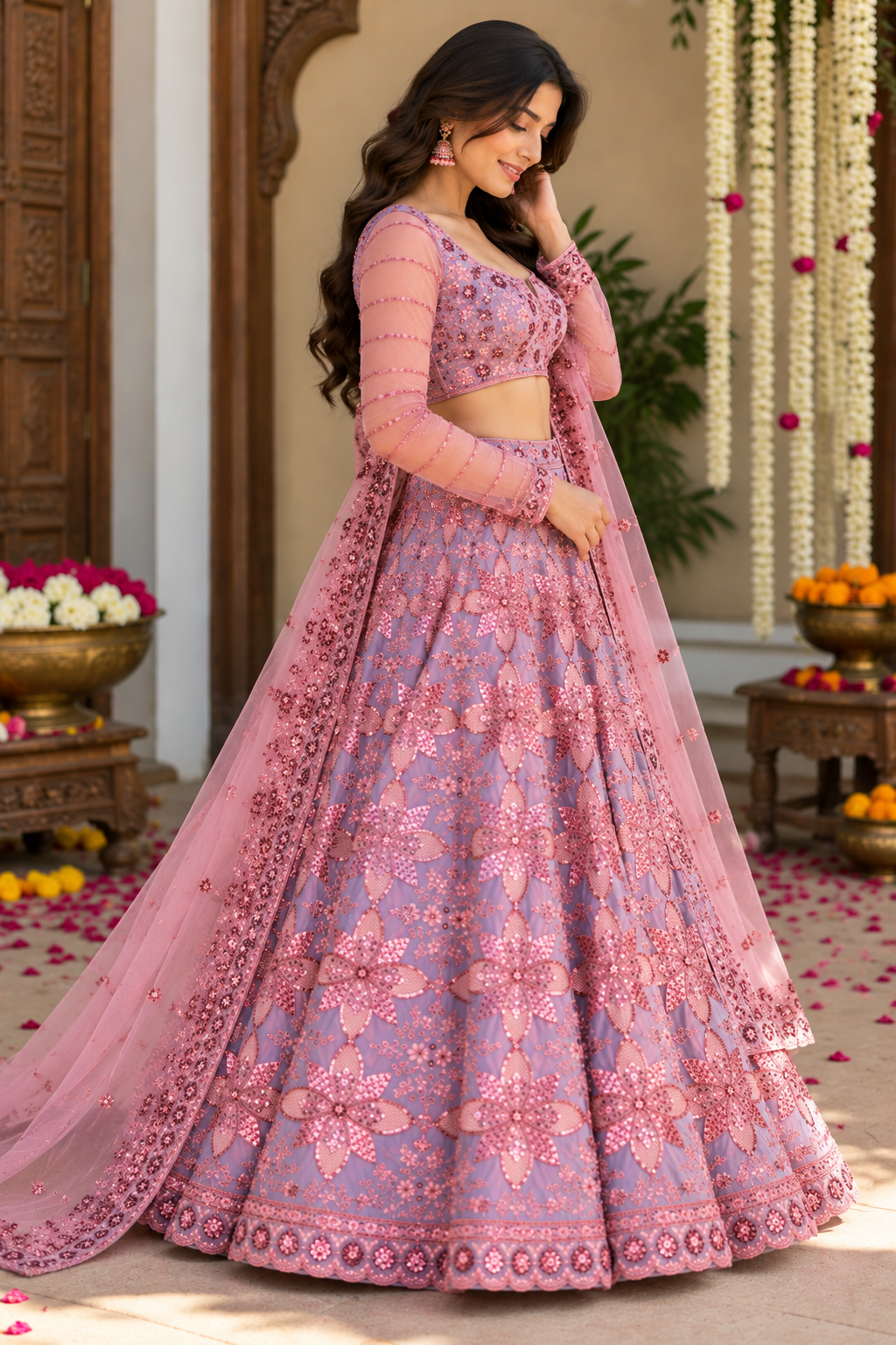 Side profile full-length view showing the circular silhouette and sheer matching dupatta drape of a mauve-pink floral embroidered lehenga.