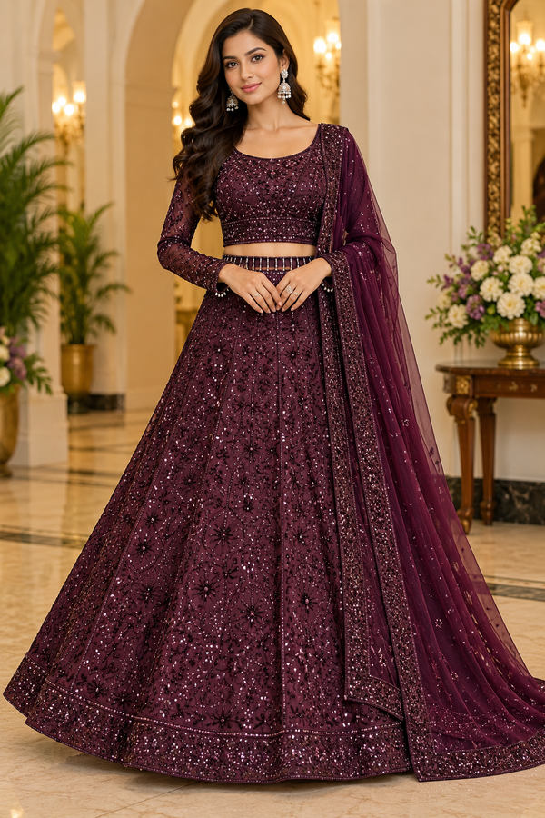 Burgundy Sequins & Dori Work Kasturi Silk Lehenga Choli Outfit