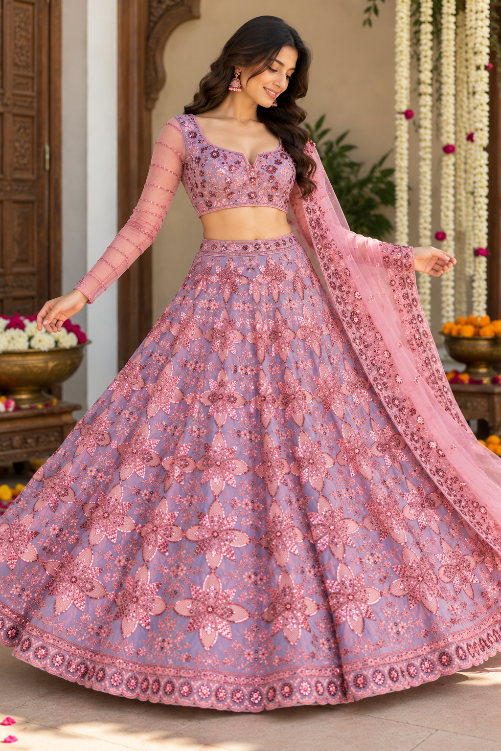 Full-length shot capturing the wide flared volume and scalloped sequin hem of a lilac-pink bridal lehenga in a festive courtyard setting.