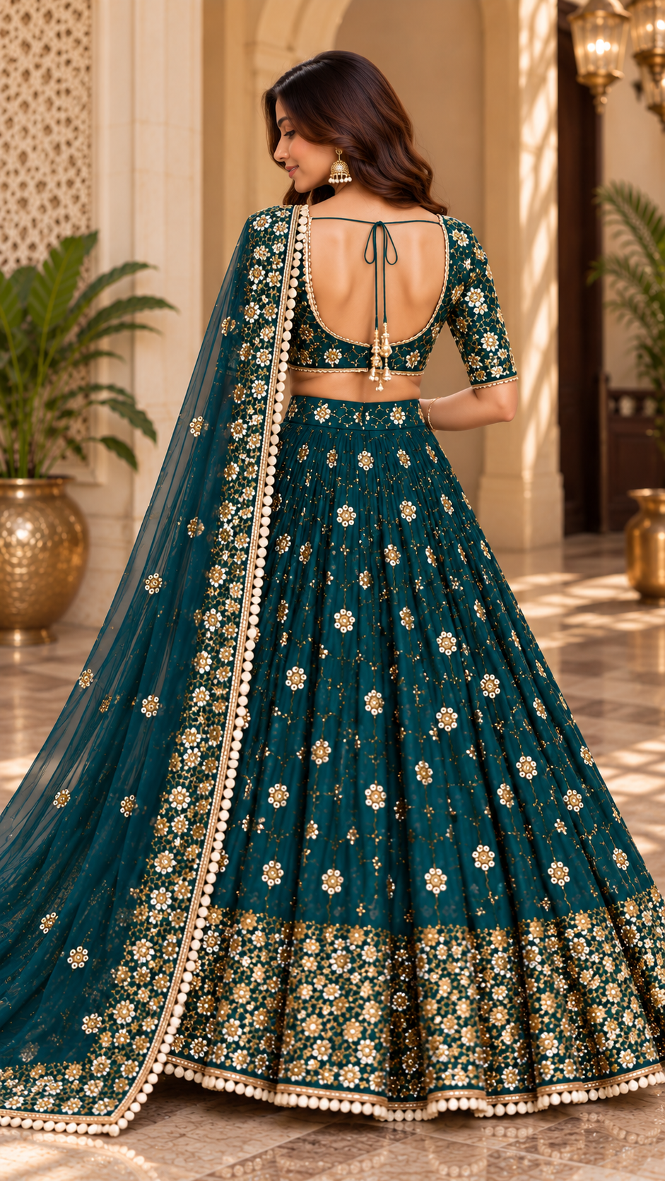 Full-length back view of a peacock teal flared lehenga skirt paired with a backless tie-up dori blouse and sheer net dupatta with pearl ball fringe border.