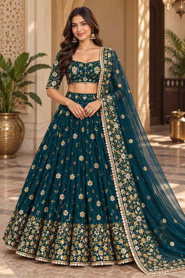 Teal Georgette Designer Lehenga Choli with Sequin Embroidery
