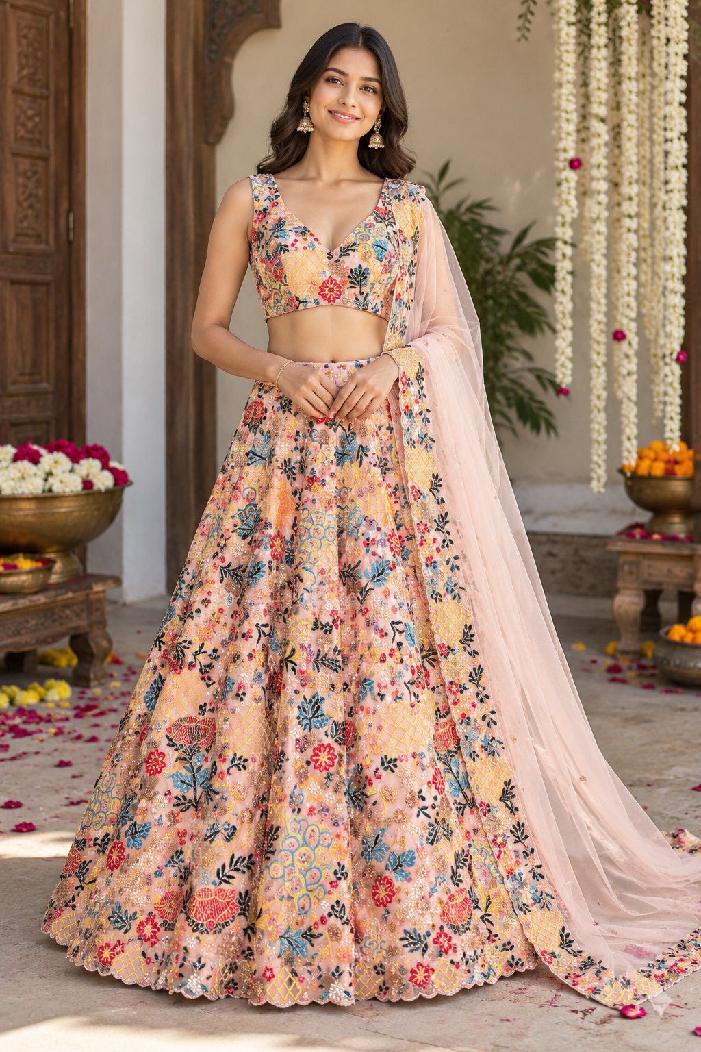 Standing full-length front view of a model in a festive courtyard setting wearing a peach-pink embroidered bridal lehenga choli set.