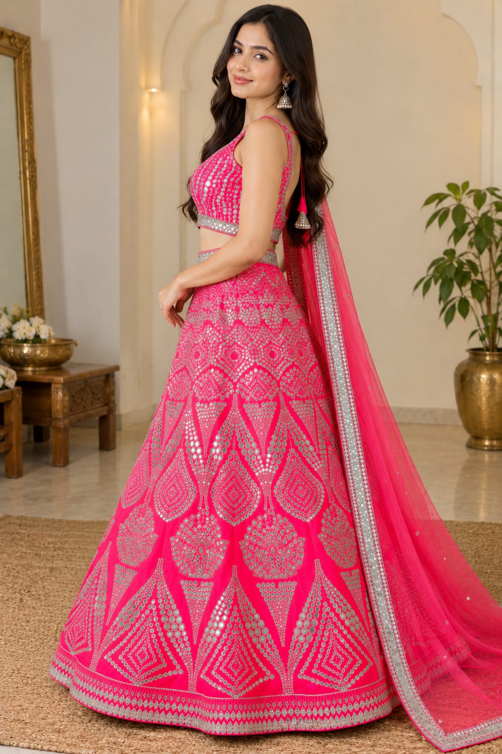 Three-quarter side profile view of a model wearing an ornate fuchsia lehenga skirt featuring geometric diamond mirror motifs and matching net dupatta.