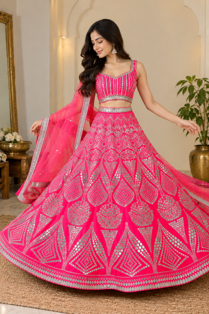 Dynamic full-length twirl shot showcasing the expansive circular flare and intricate silver mirror lattice border of a vibrant hot-pink lehenga skirt.