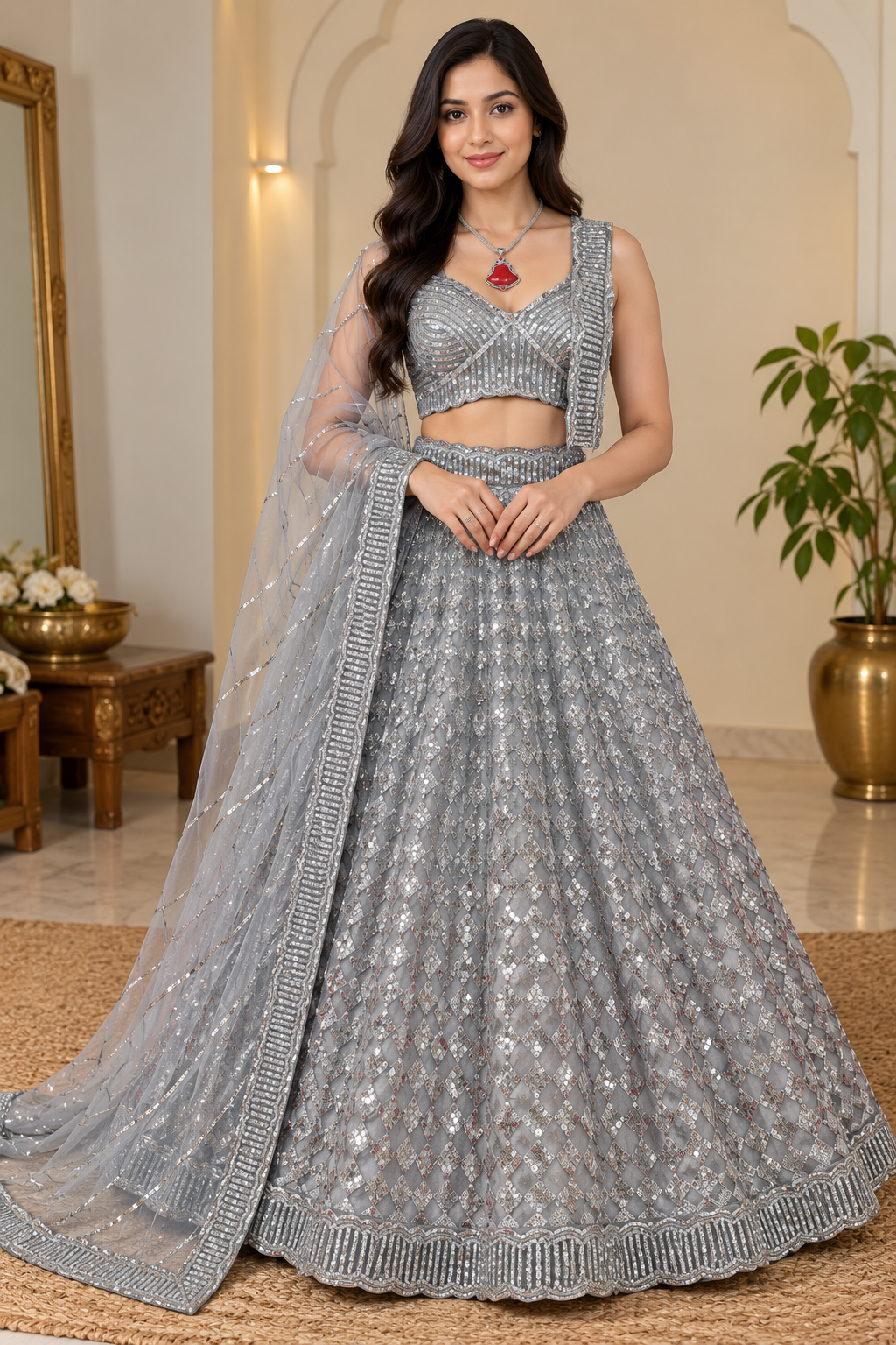 Standing full-length front view of a model in a warm luxury interior wearing a silver-grey flared lehenga covered in geometric sequin diamond embroidery.