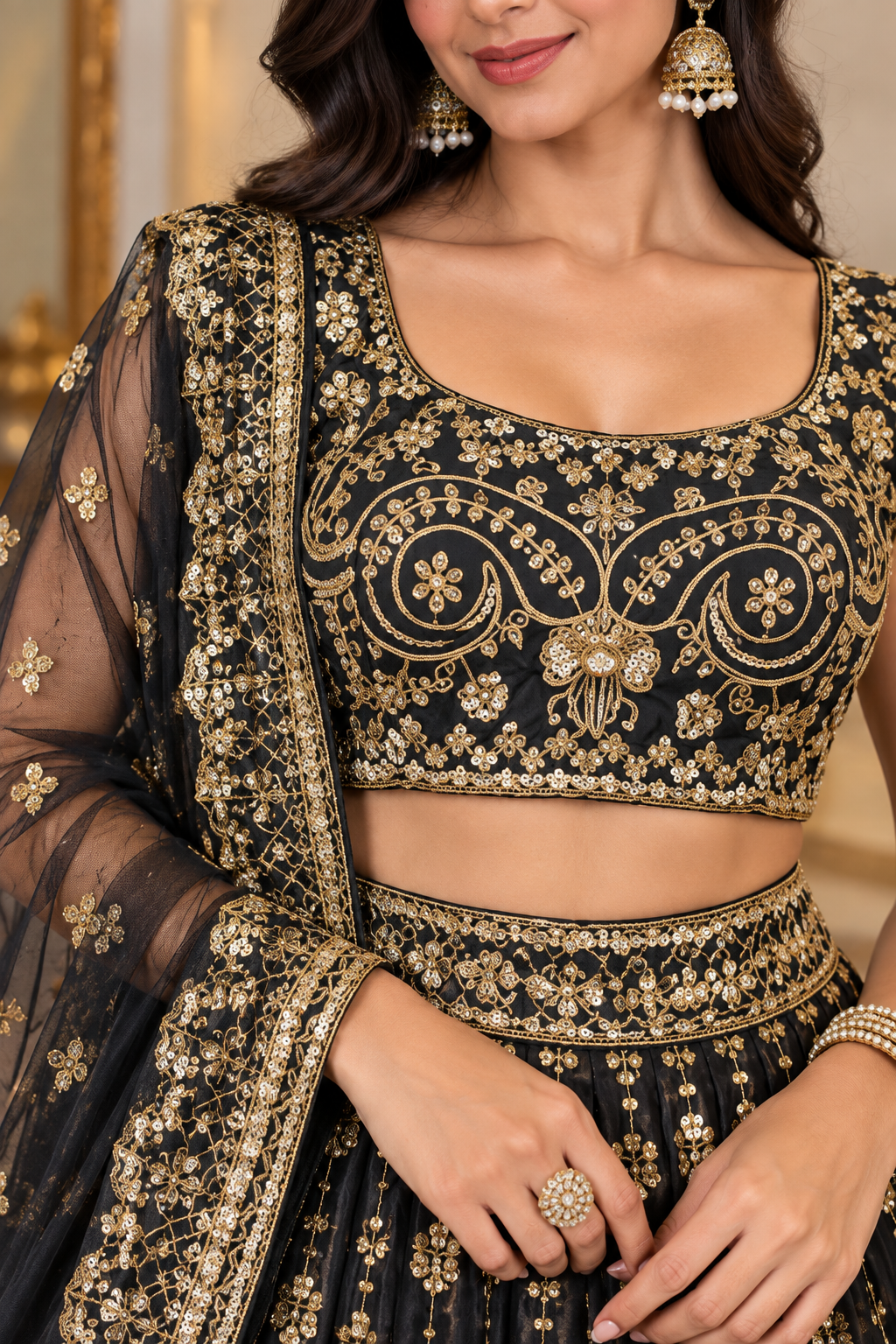Close-up front portrait highlighting the sweetheart neckline, gold zardozi scroll embroidery, and sequin work on a black blouse paired with gold jhumkas.