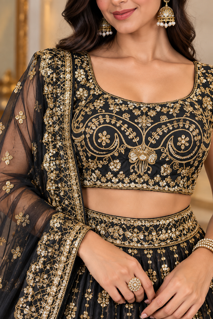Close-up front portrait highlighting the sweetheart neckline, gold zardozi scroll embroidery, and sequin work on a black blouse paired with gold jhumkas.