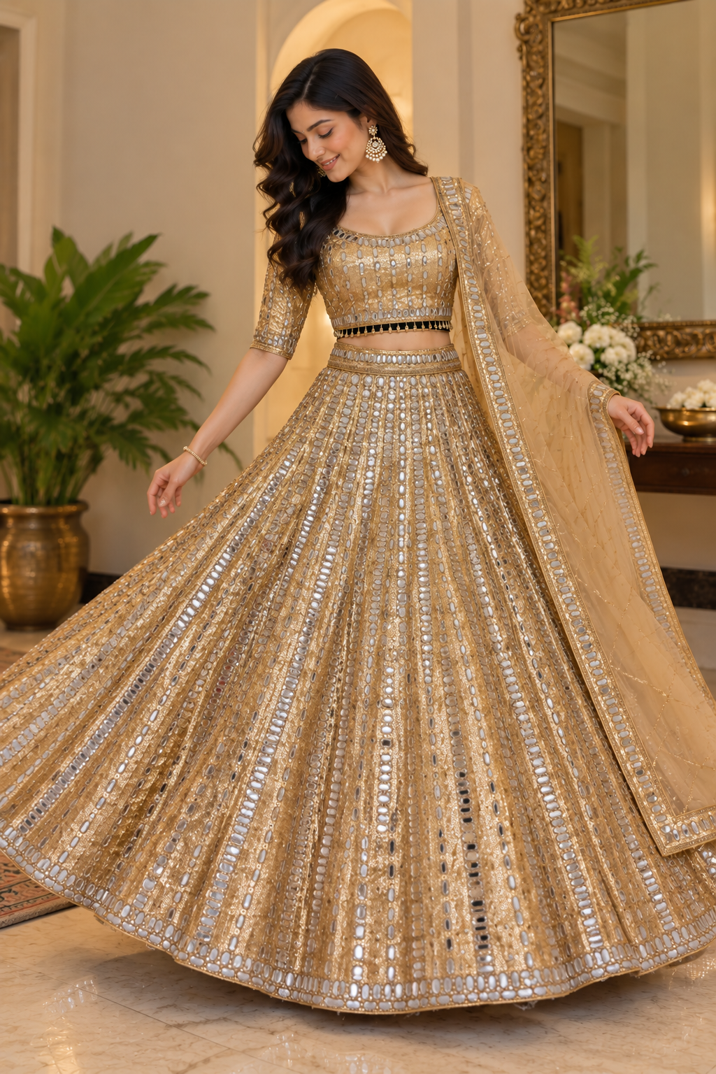 Standing full-length view showing the flared circular silhouette of a heavy golden mirror-work lehenga paired with a matching embroidered choli.