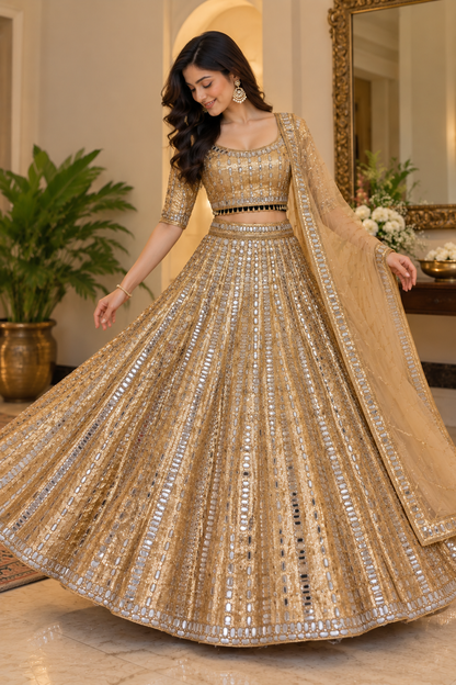Standing full-length view showing the flared circular silhouette of a heavy golden mirror-work lehenga paired with a matching embroidered choli.