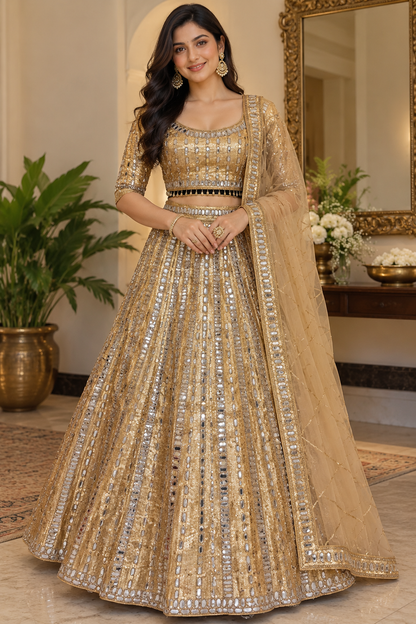 Full-length front view of a model wearing an opulent golden lehenga choli set detailed with vertical mirror panels and scalloped borders.