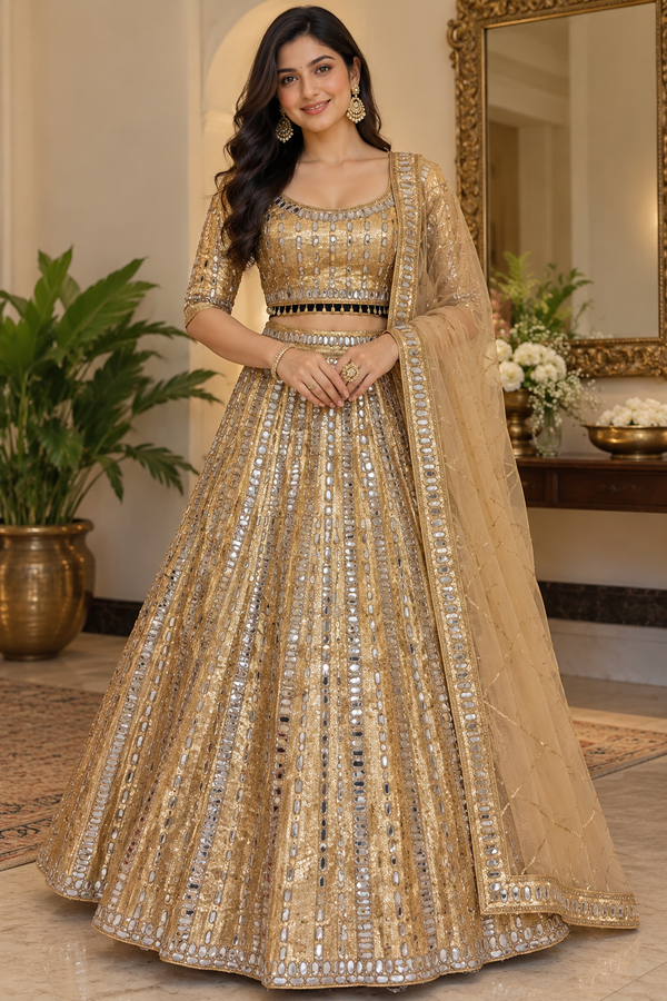 Gold Mirror Work Satin Silk Bridal Lehenga Choli Set with Dupatta